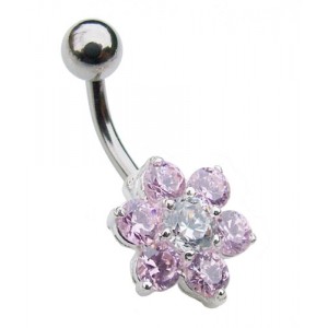 Small Sterling Silver Flower Belly Bar - Pink